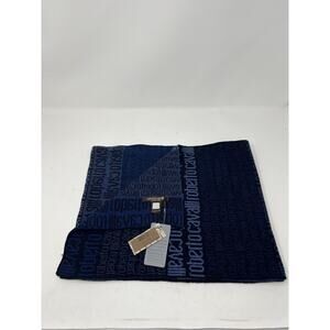 Roberto Cavalli Cravatte S90 Blue Scarf‎ Logomania Spellout NWT